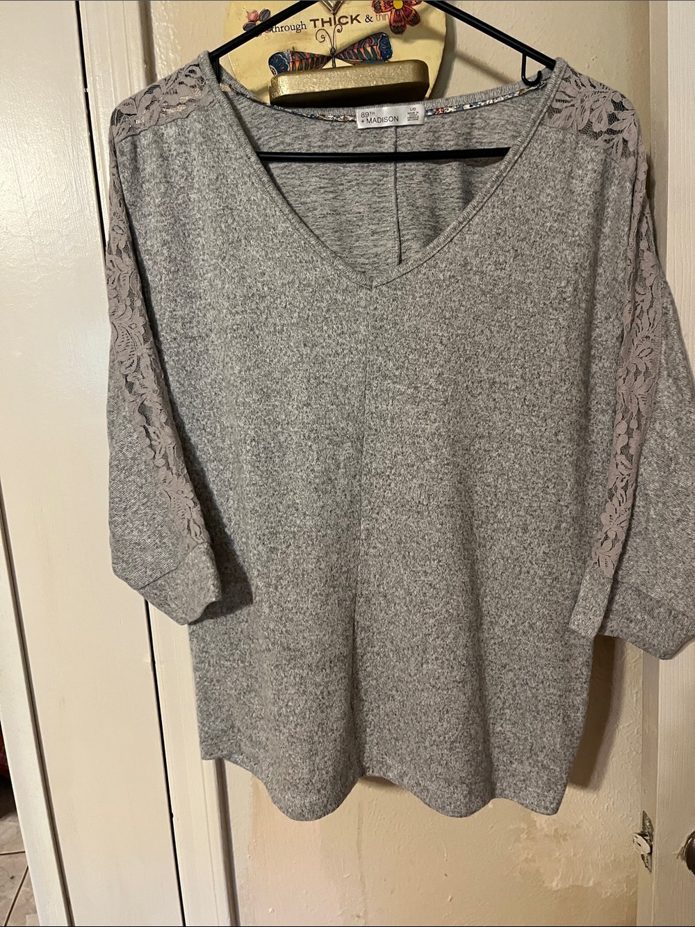Madison Gray V-Neck Sweater with Lace Sleeve Panels